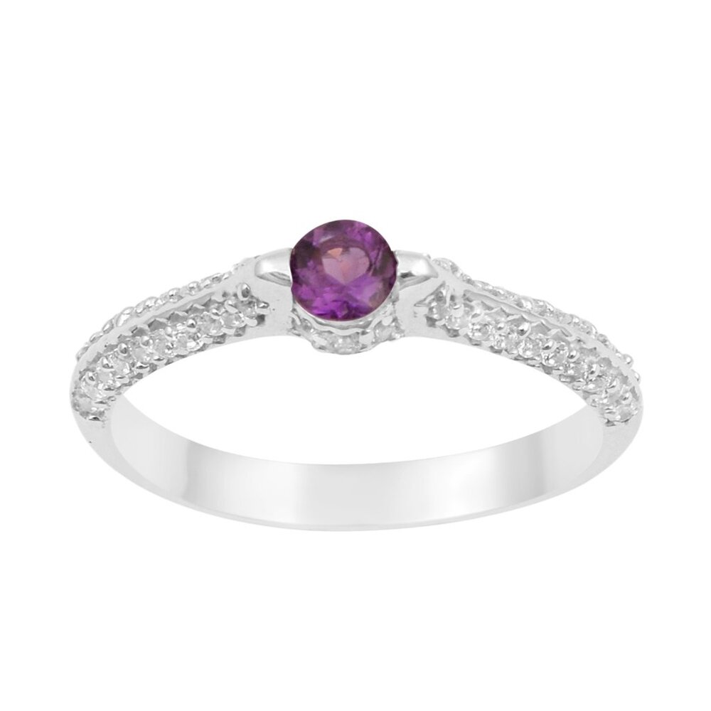 Round Amethyst 925 Sterling Silver Solitaire Stackable Women Anniversary Ring